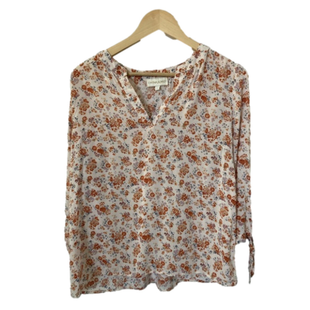 Cynthia Rowley 100% rayon floral popover blouse knot sleeves Medium